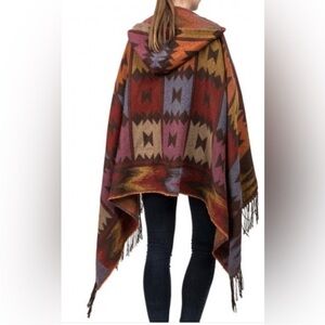 Southwestern Boho Tribal Poncho Cape Hoodie One Size Comfy Shawl Fringe Blanket